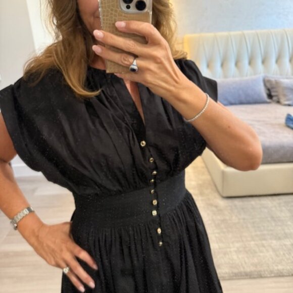 Sandro Black Cap Sleeve Gathered Button-Down Mini Dress Size 40 (US 8) - Picture 5 of 9